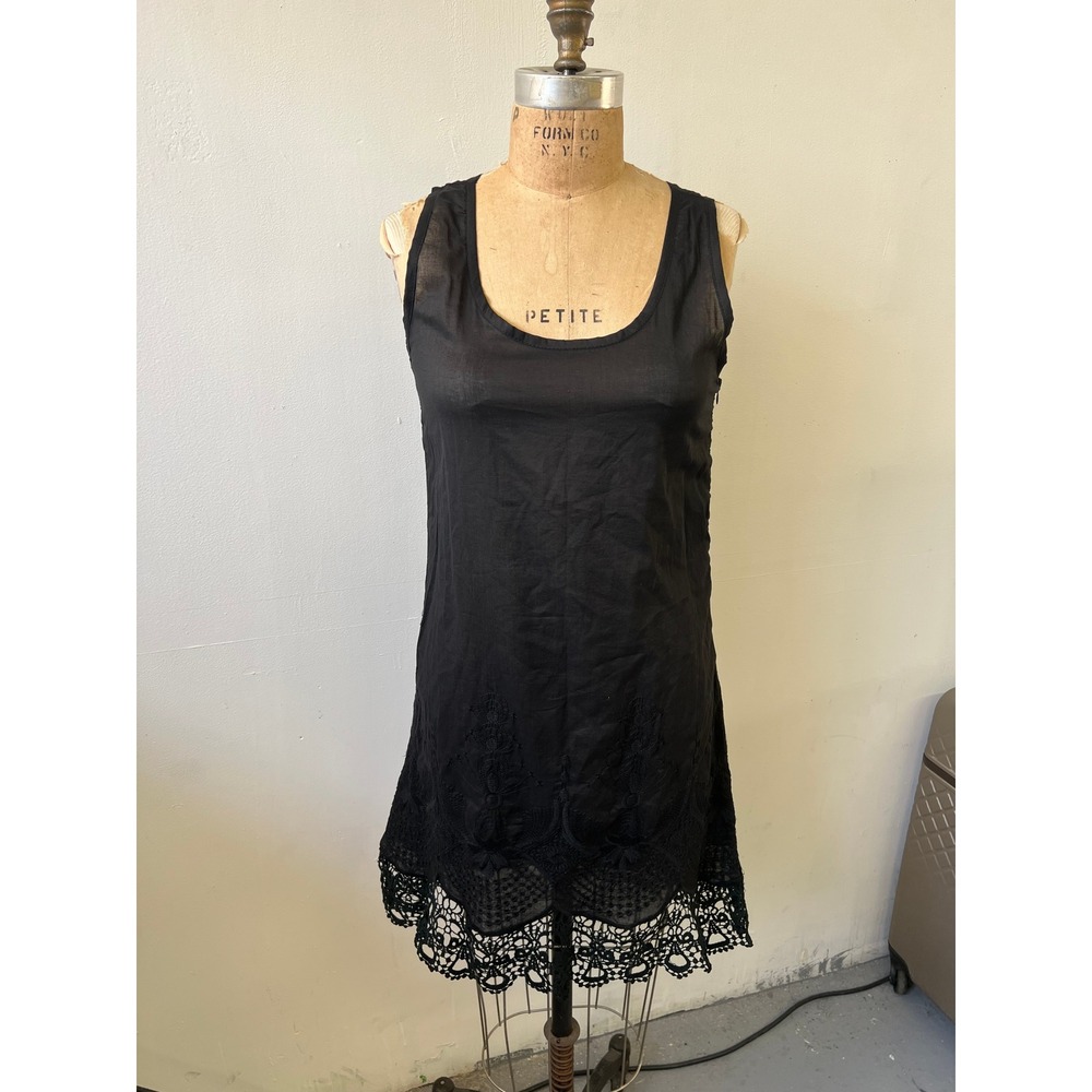 Monoreno Black Embroidered Cotton Lace Trim Shift Dress Sleeveless Small M6923